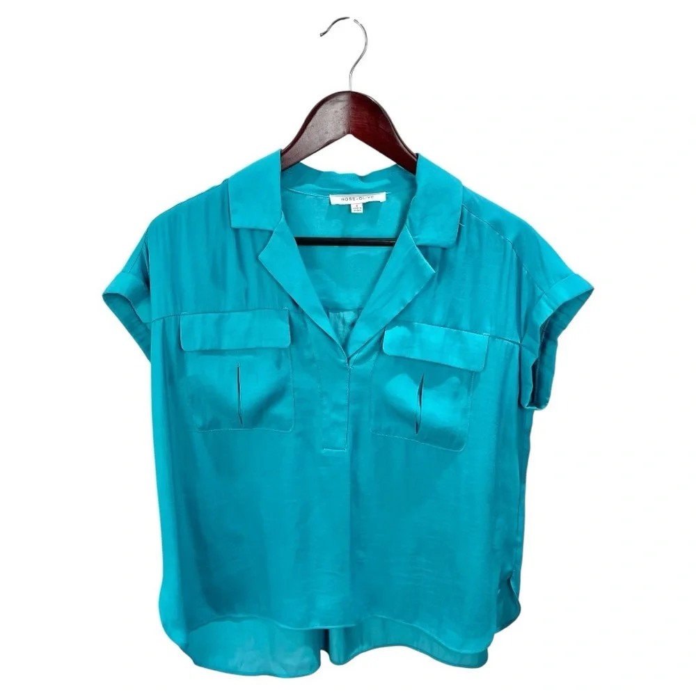 Rose & Olive Teal Blue Short Sleeve Safari Blouse Size S - Picture 2 of 7
